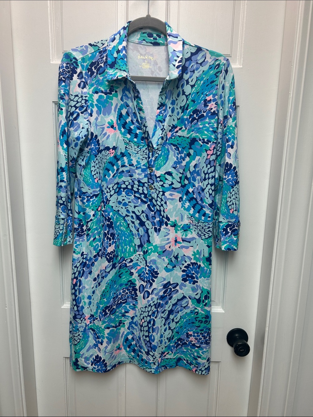 Lilly Pulitzer Teal, Blue & Pink Abstract Shirt Dress